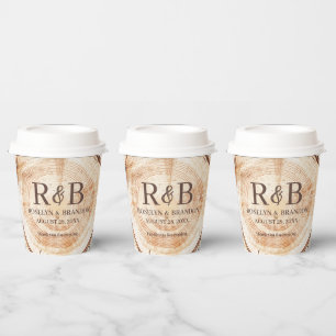 Rustic Wood Cut Slice Monogram Engagement Wedding Paper Cups