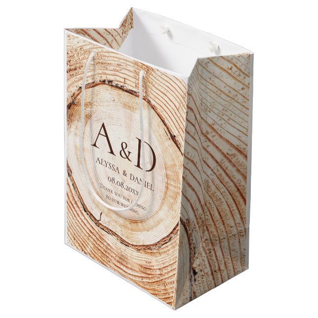 Rustic Wood cut Slice Monogram Wedding Gift Bag (Back Angled)