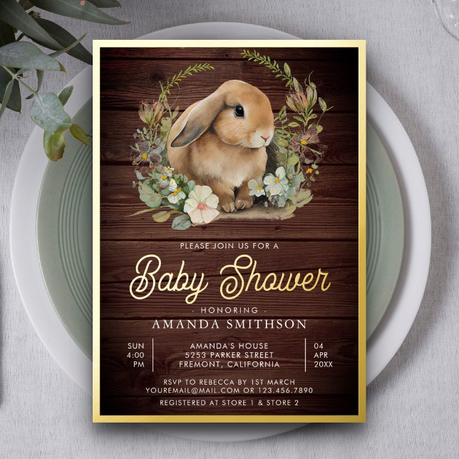 Rustic Wood Cute Bunny Floral Baby Shower Gold (Creator Uploaded)
