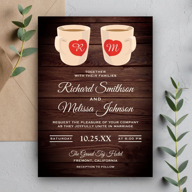 Rustic Wood Cute Coffee Mugs Wedding Invitation (Creator Uploaded)