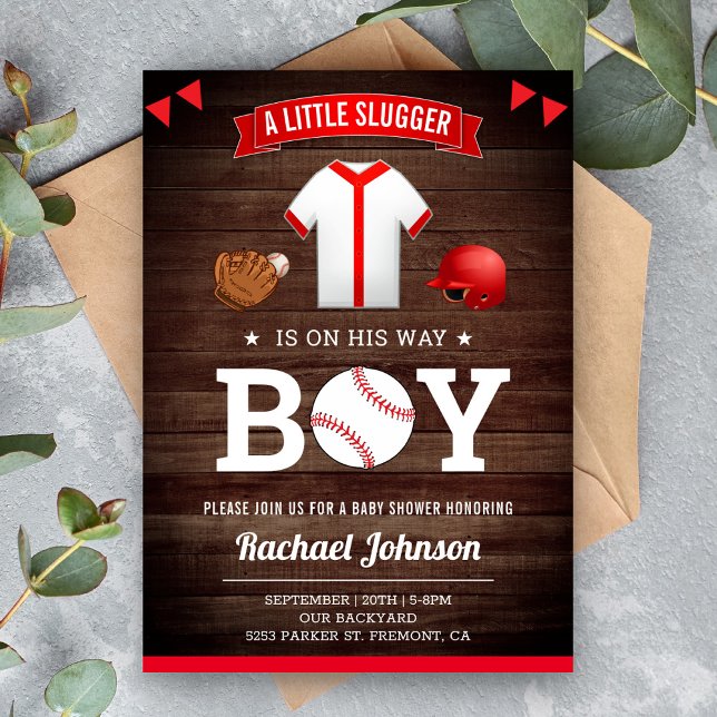 Rustic Wood Cute Sports Boy Baseball Baby Shower Invitation (Creator Uploaded)