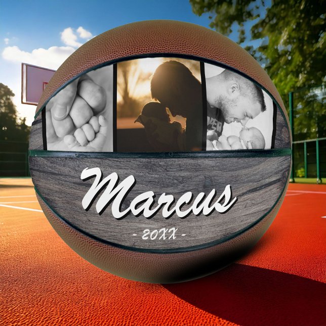 Rustic Wood Dad Name Keepsake 3 Photo Collage Basketball (Creator Uploaded)