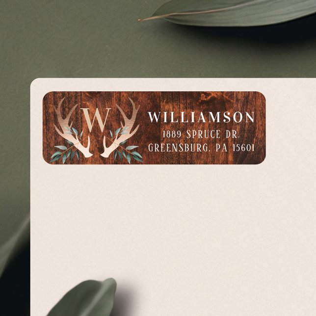 Rustic Wood Deer Antler & Greenery Family Monogram (Rustic Wood Deer Antler & Greenery Family Monogram Label)
