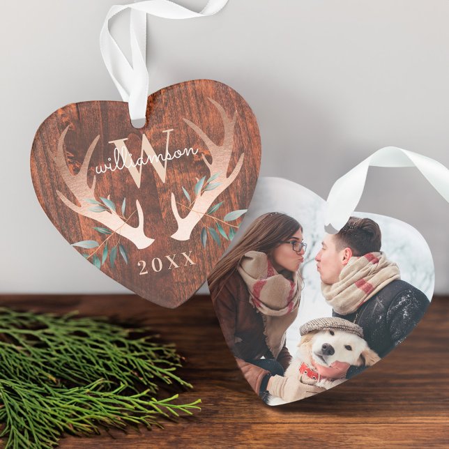 Rustic Wood Deer Antler & Greenery Monogram Photo Ornament (Rustic Wood Deer Antler & Greenery Monogram Photo Ornament)