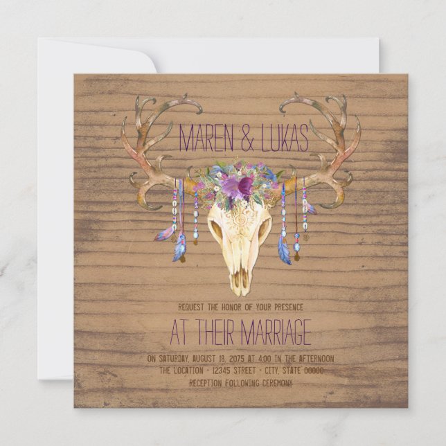 Rustic Wood Deer Antler Skull Southwestern Wedding Invitation (Front)