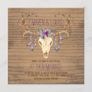 Rustic Wood Deer Antler Skull Southwestern Wedding Invitation