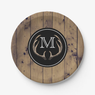 Rustic Wood Deer Antlers Monogram Paper Plate