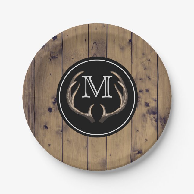 Rustic Wood Deer Antlers Monogram Paper Plate (Front)