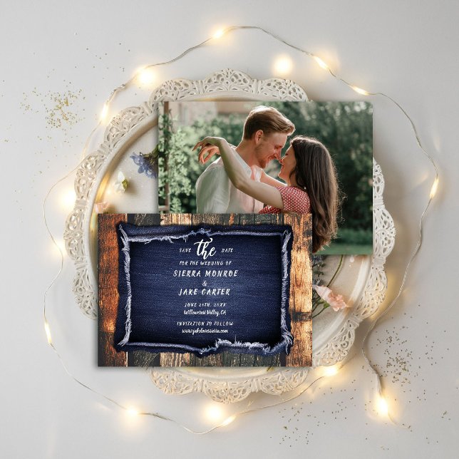 Rustic Wood Denim Casual Photo Wedding Save Date Invitation (rustic wedding save the date barn wood denim ranch country western hand written blue white brown)