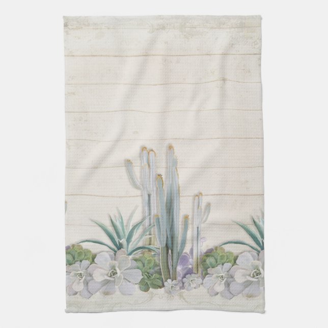 Rustic Wood Desert Cactus Succulent West Kitchen Tea Towel (Vertical)