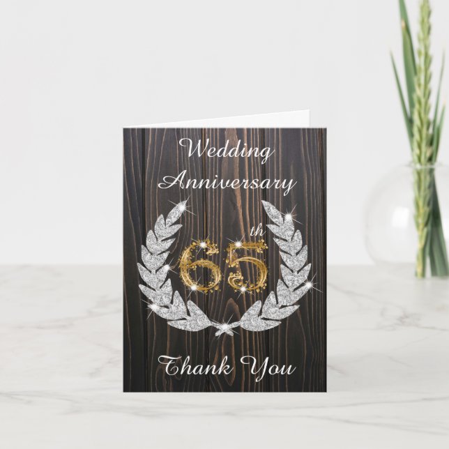 Rustic Wood Diamond Laurel 65th Anniversary Thank You Card (Front)