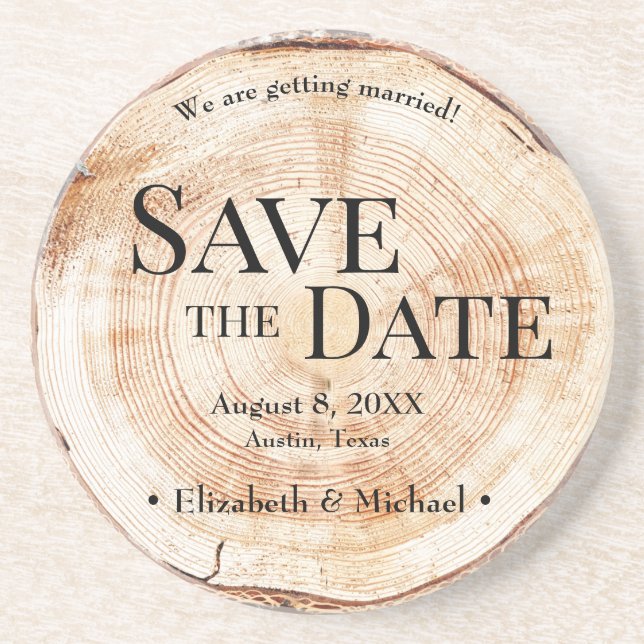 Rustic Wood Disc Save The Date Personalized Coaster (Front)