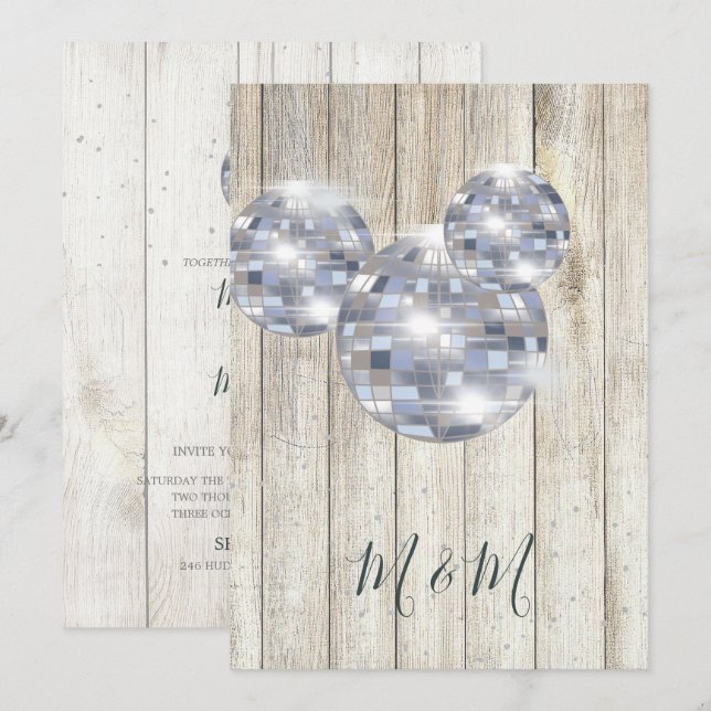 Rustic Wood Disco Silver Chic Wedding Invitation (Front/Back)