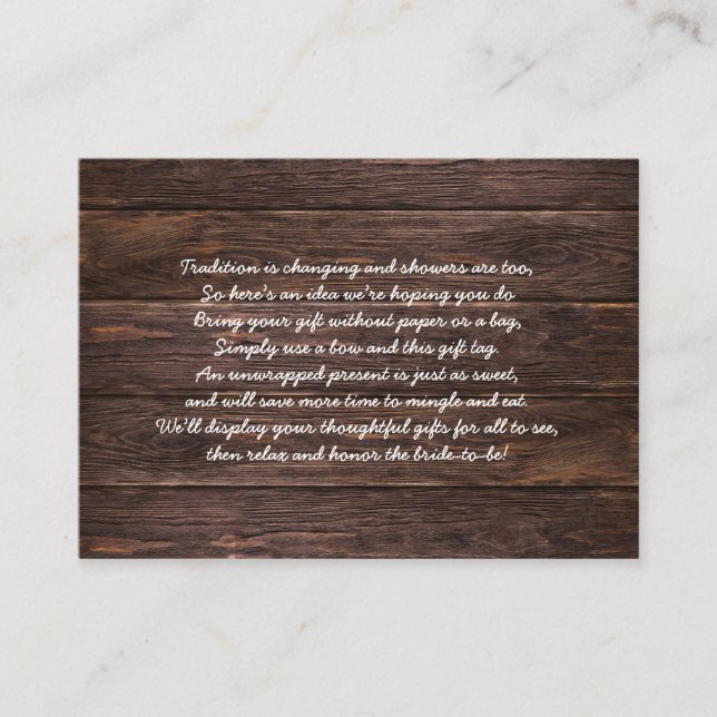 Rustic Wood Display bridal shower insert card tag (Front)