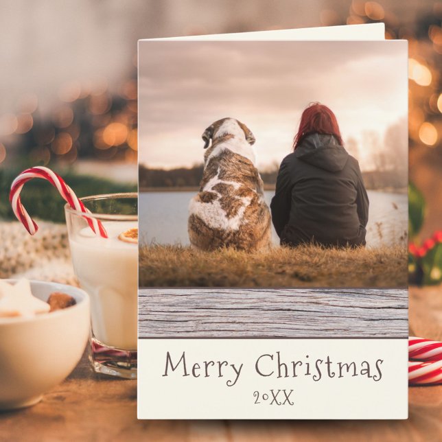 Rustic Wood Dog and Owner Photo Merry Christmas Holiday Card (Creator Uploaded)