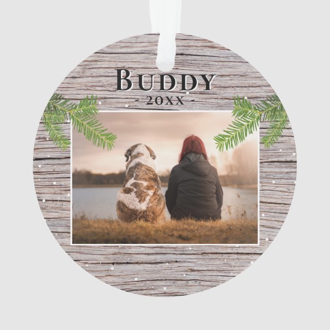 Rustic Wood Dog Pet 2 Photos Christmas Ornament (Back)