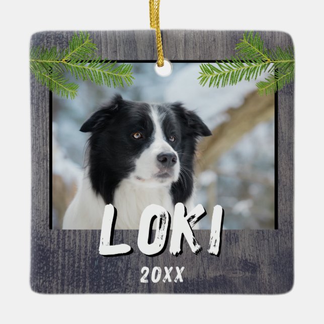 Rustic Wood Dog Pet Photo Christmas Keepsake Ceramic Ornament (Front)