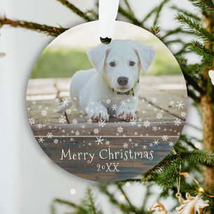 Rustic Wood Dog Pet Photo Snowflake Christmas Ornament