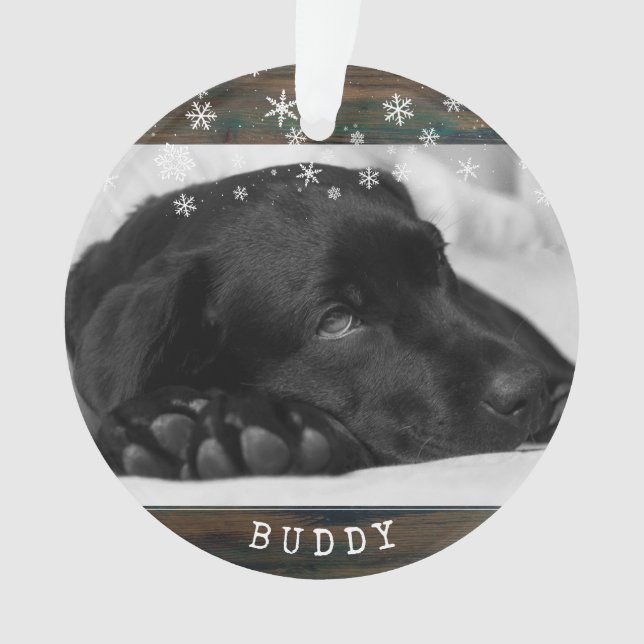 Rustic Wood Dog Pet Photo Snowflakes Keepsake Ornament (Front)