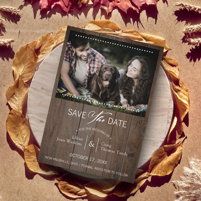 Rustic Wood Dog Photo Wedding Whimsical Typography Save The Date (Creator Uploaded)