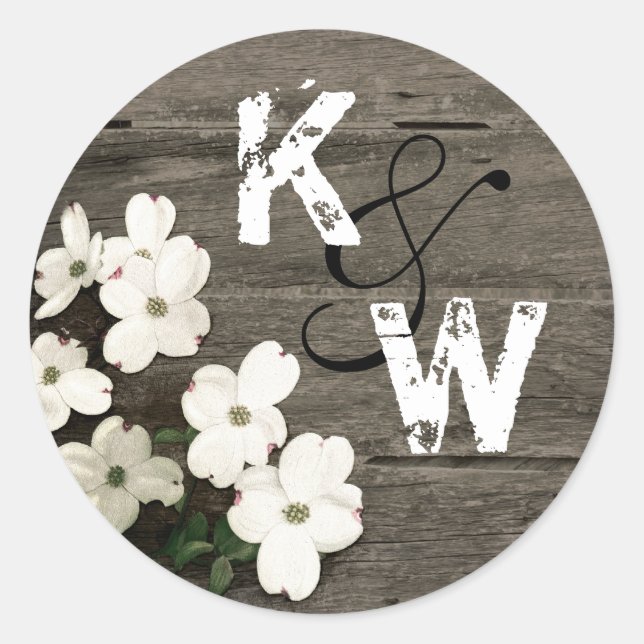 Rustic Wood & Dogwood Blooms Monogram Sticker (Front)