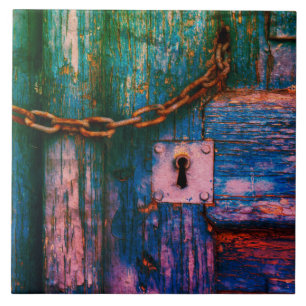 Rustic wood door keyhole and chain  ceramic tile