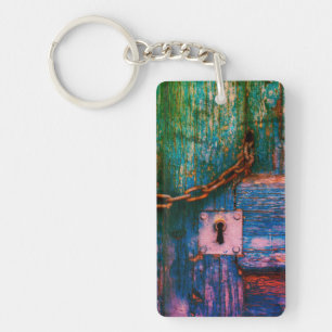 Rustic wood door keyhole and chain keychain