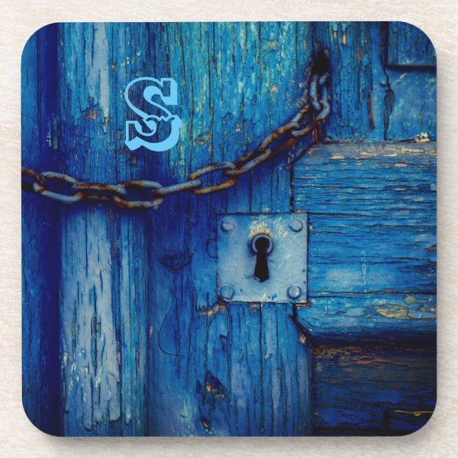 Rustic wood door keyhole chain blue coaster (Front)