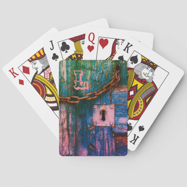 Rustic wood door keyhole chain blue pink green playing cards (Back)