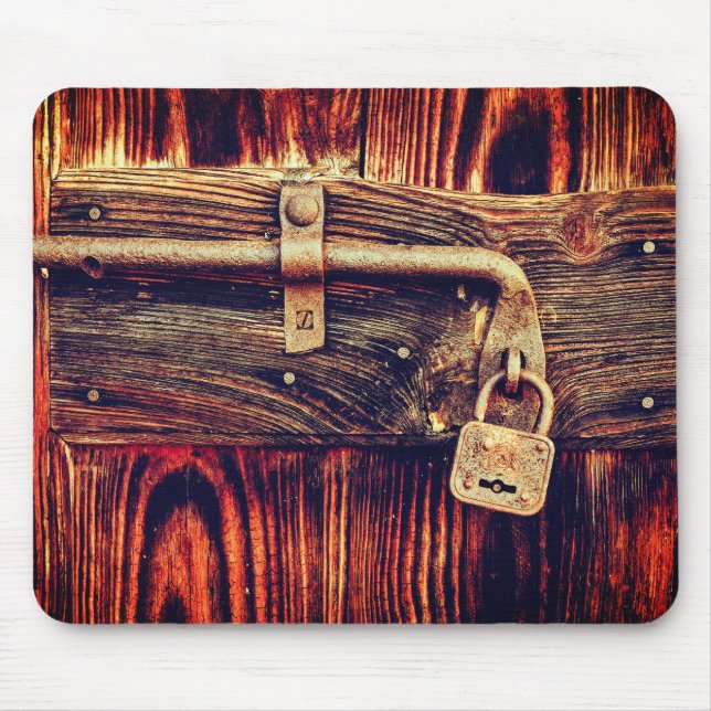 Rustic wood door with antique brass lock brown mouse mat (Front)