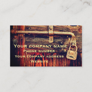 Rustic wood door with antique brass lock business card