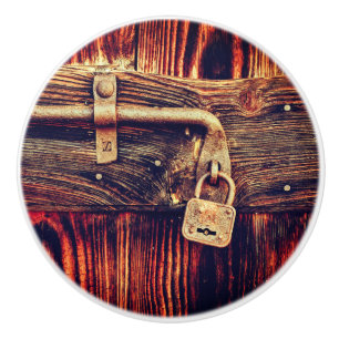Rustic wood door with antique brass lock ceramic knob