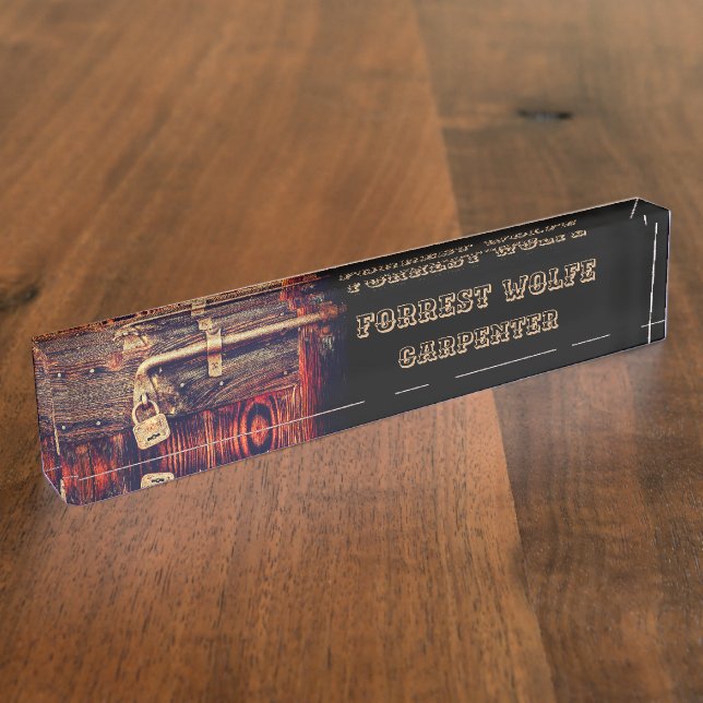 Rustic wood door with antique brass lock nameplate (Side)