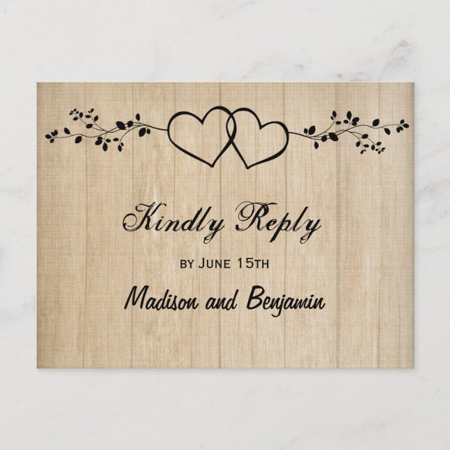 Rustic Wood Double Hearts Wedding RSVP POSTCARDS (Front)