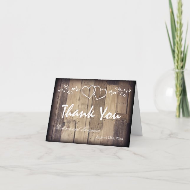 Rustic Wood Double Hearts Wedding Thank You Cards (Front)