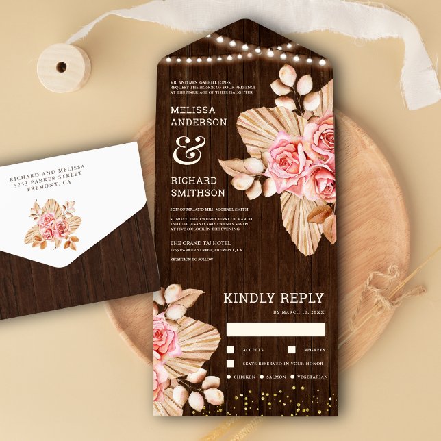 Rustic Wood Dried Palm Earthy Peach Rose Wedding All In One Invitation (Creator Uploaded)