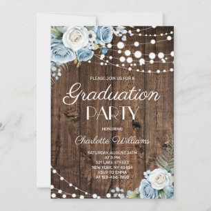 Rustic Wood Dusty Blue Floral Graduation Party  Invitation