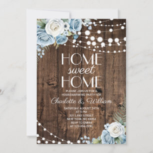 Rustic Wood Dusty Blue Floral Home Sweet Home Invitation