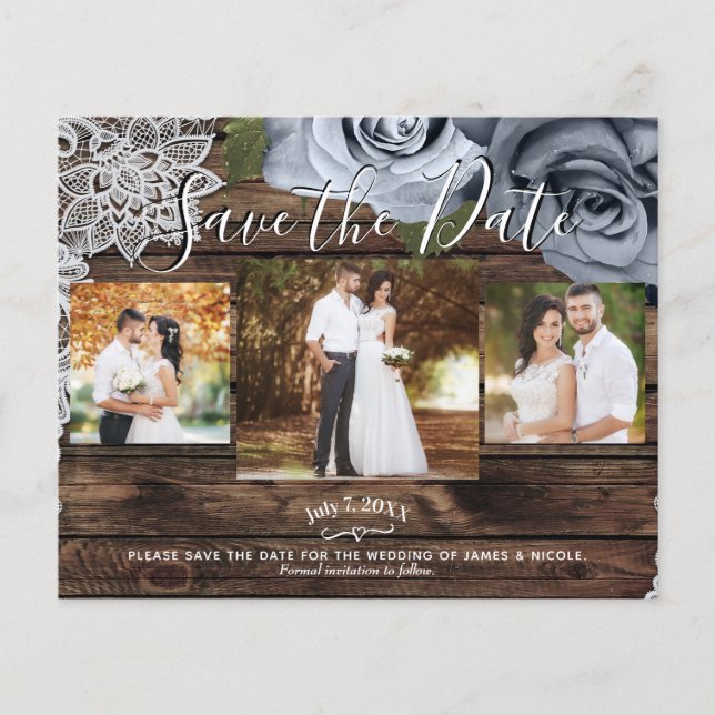 Rustic Wood Dusty Blue Roses Photo Save the Date (Front)