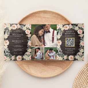 Rustic Wood Dusty Peach Floral QR Code Wedding Tri-Fold Invitation