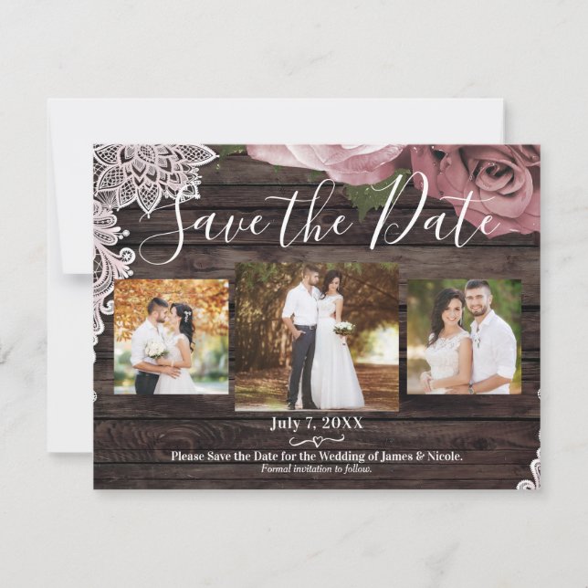 Rustic Wood Dusty Pink Roses Photo Save the Date (Front)