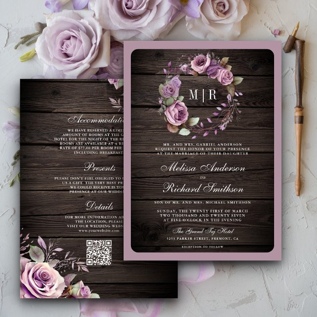 Rustic Wood Dusty Purple Floral QR Code Wedding Invitation (Creator Uploaded)