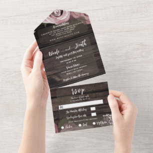 Rustic Wood Dusty Rose Vintage Lace Wedding   All In One Invitation