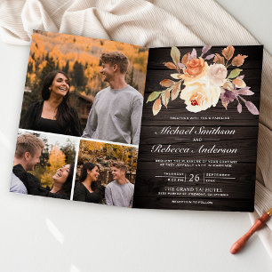 Rustic Wood Earthy Ivory Floral QR Code Wedding Invitation