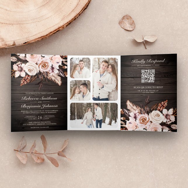 Rustic Wood Earthy Ivory Floral QR Code Wedding Tri-Fold Invitation (Creator Uploaded)