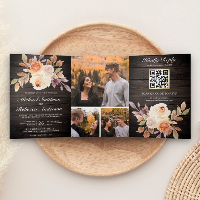 Rustic Wood Earthy Ivory Floral QR Code Wedding Tri-Fold Invitation (Creator Uploaded)