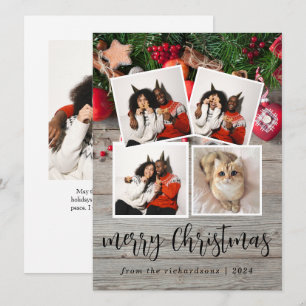 Rustic Wood Elegant Christmas Family 4 Photo Holiday Card