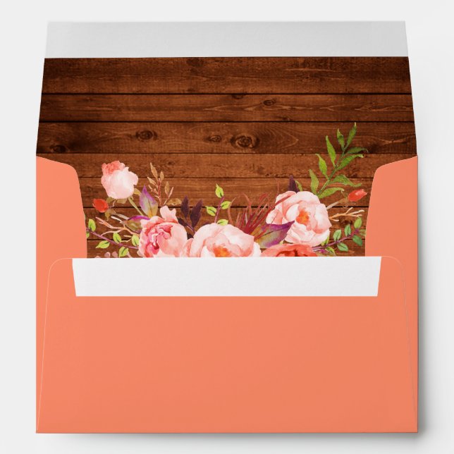 Rustic Wood Elegant Coral Floral Invitation Envelope (Back (Bottom))