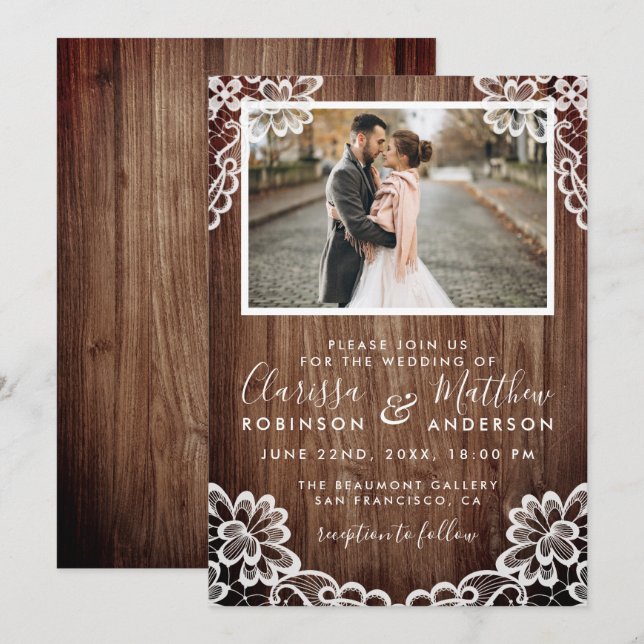 Rustic Wood & Elegant Lace Wedding Photo Invitation (Front/Back)