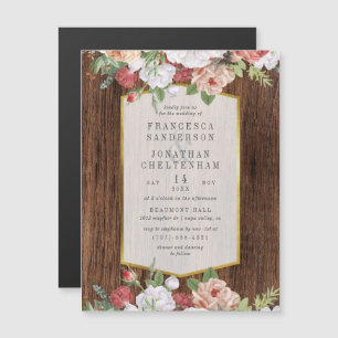 Rustic Wood & Elegant Rose Bouquet   Wedding Magnetic Invitation
